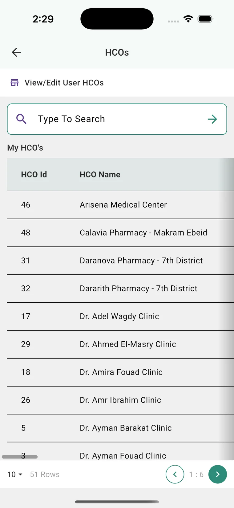 Clinic list in the app