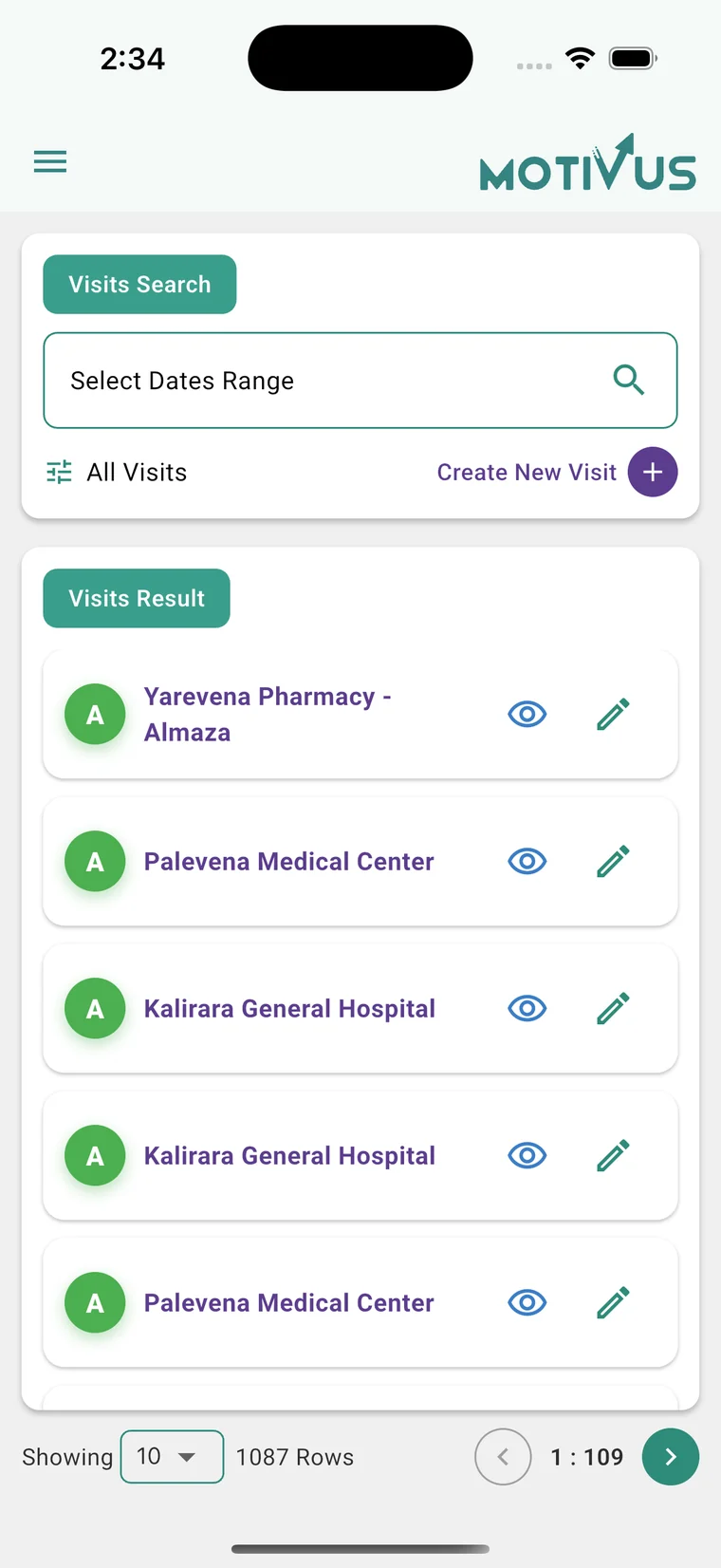 Visits list in the app