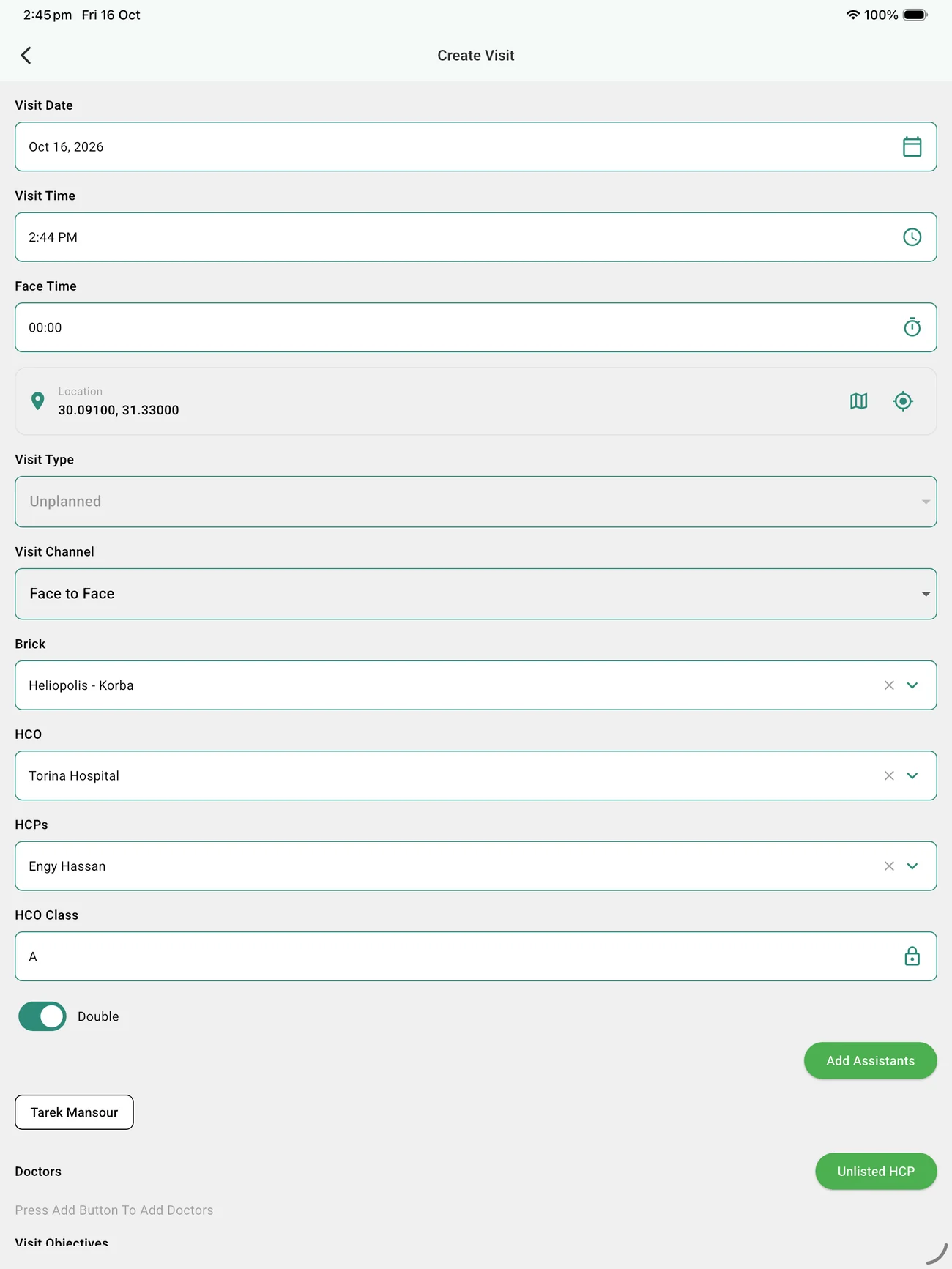Creating a visit on a tablet, with the GPS location captured